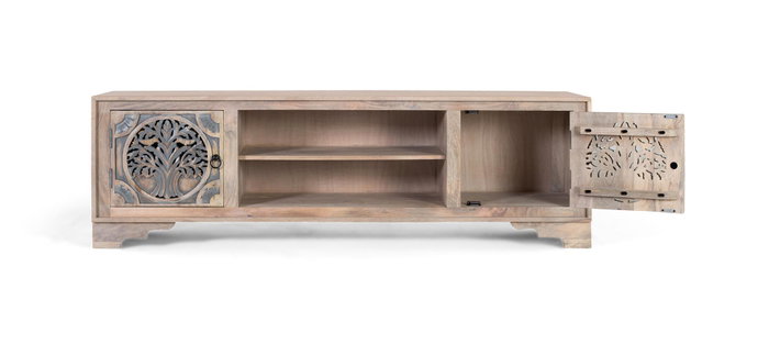 GINER Y COLOMER Mueble TV con 2 Puertas y 2 Huecos en Madera de Mango, Acabado Natural y Azul GINER Y COLOMER Mueble TV con 2 Puertas y 2 Huecos en Madera de Mango, Acabado Natural y Azul