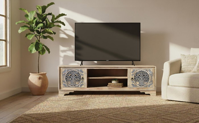 GINER Y COLOMER Mueble TV con 2 Puertas y 2 Huecos en Madera de Mango, Acabado Natural y Azul GINER Y COLOMER Mueble TV con 2 Puertas y 2 Huecos en Madera de Mango, Acabado Natural y Azul