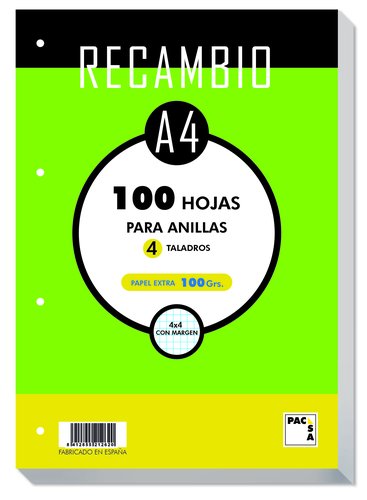 PACSA Recambio A4 100 Hojas Cuadriculado 4x4 mm 4 Taladros PACSA Recambio A4 100 Hojas Cuadriculado 4x4 mm 4 Taladros
