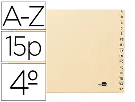 Liderpapel Índice Alfabético 15 Posiciones A-Z Cartulina Cuarto Apaisado para Archivador