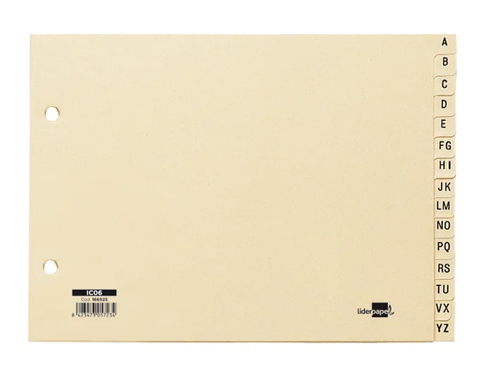Liderpapel Índice Alfabético 15 Posiciones A-Z Cartulina Cuarto Apaisado para Archivador