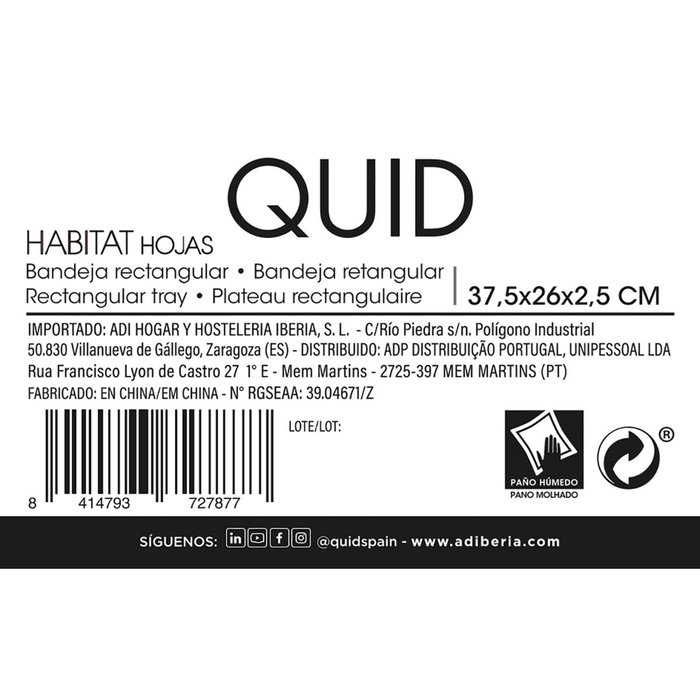 Bandeja con Asas Polipropileno Habitat Quid 37,5x26x4 cm (12 Unidades)