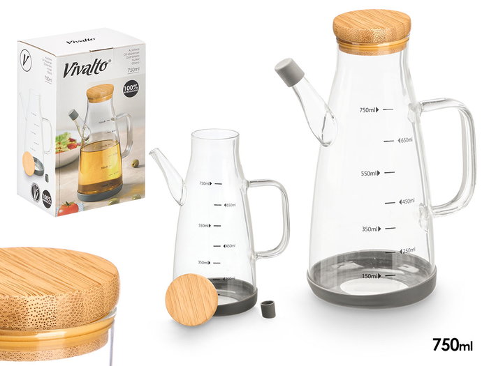 VIVALTO Aceitera de Borosilicato 750ml con Tapa de Bambú VIVALTO Aceitera de Borosilicato 750ml con Tapa de Bambú