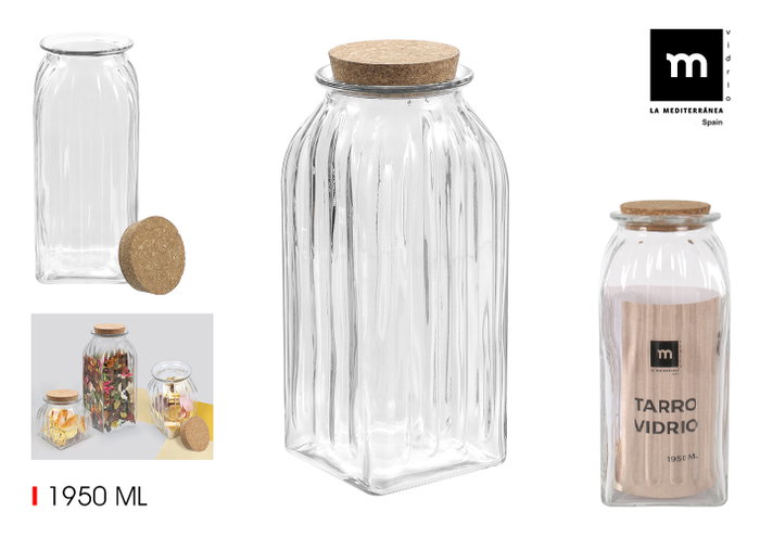 La Mediterranea Tarro de Vidrio Líneas con Tapa de Corcho 1950 ml (12 Unidades)幸 La Mediterranea Tarro de Vidrio Líneas con Tapa de Corcho 1950 ml (12 Unidades)幸