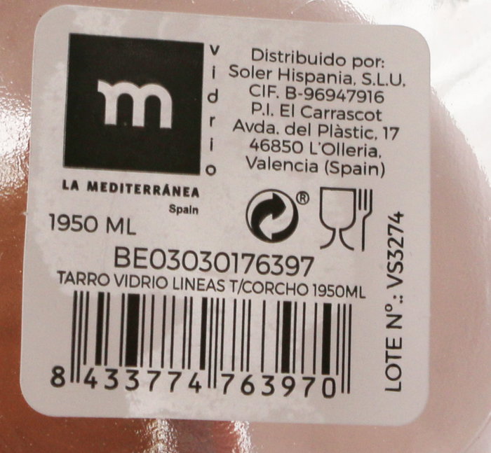La Mediterranea Tarro de Vidrio Líneas con Tapa de Corcho 1950 ml (12 Unidades)幸