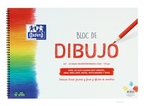 Oxford Bloc de Dibujo Escolar con Espiral Rojo A3+, 20 Hojas, 130g