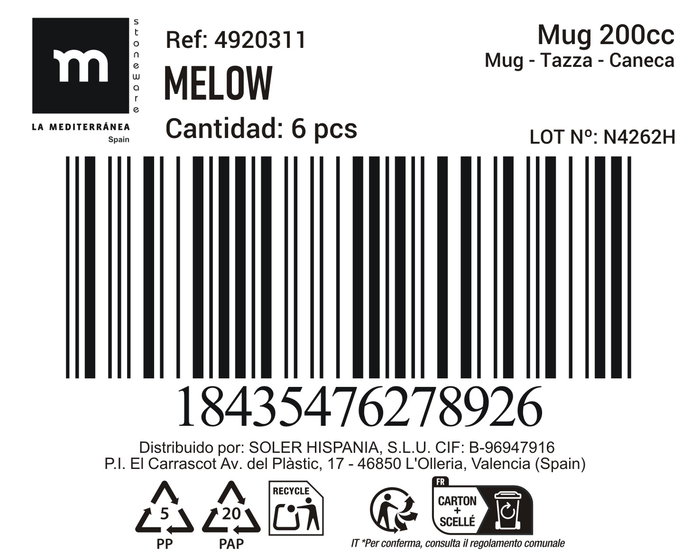 La Mediterranea Mug 200 cc Melow MD 7.5 cm x 8.5 cm x 10.5 cm (36 Unidades)