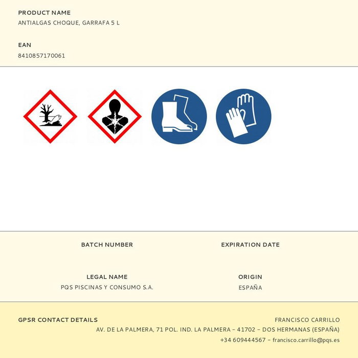 PQS Antialgas Choque Líquido 5 l para Piscinas, Previene y Elimina Algas, No Modifica pH, Sin Residuos ni Espuma