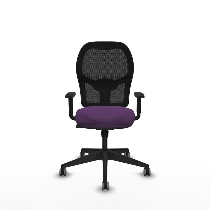 Silla de oficina Alocén con mecanismo Sincro tapizada con Tela color Morado y malla color Negro. Equipada con lumbar 1D, Brazos 1D y Ruedas 65 mm parqué