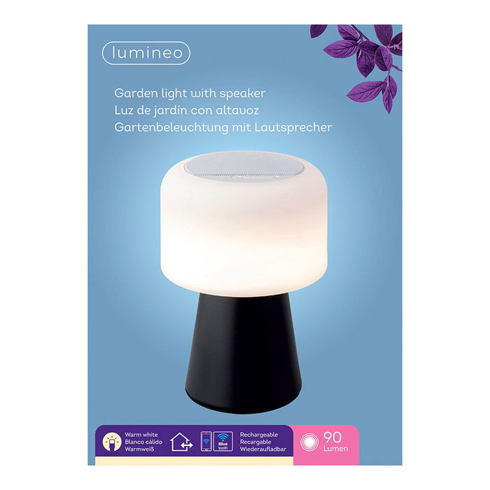 Lumineo Lámpara LED con altavoz Bluetooth recargable, 22,5 cm, Blanco/negro