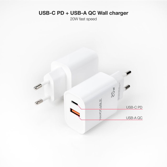 NANO CABLE Cargador de Pared 20W con USB-C PD y USB-A QC Blanco 10.10.2007