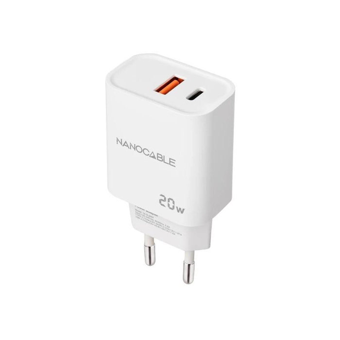 NANO CABLE Cargador de Pared 20W con USB-C PD y USB-A QC Blanco 10.10.2007