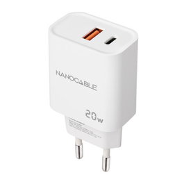 NANO CABLE Cargador USB Pared Nano Cable USB-C/PD + USB-A/QC 20W Blanco