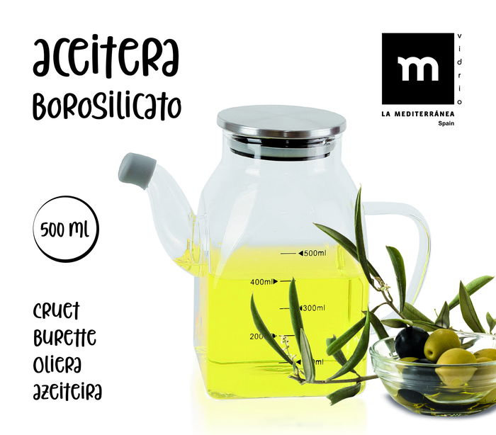 La Mediterranea Aceitera Cuadrada Borosilicato con Tapa de Metal 500 ml (12 Unidades)