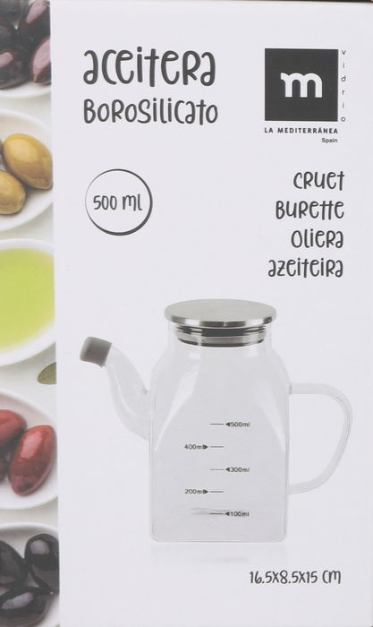 La Mediterranea Aceitera Cuadrada Borosilicato con Tapa de Metal 500 ml (12 Unidades)