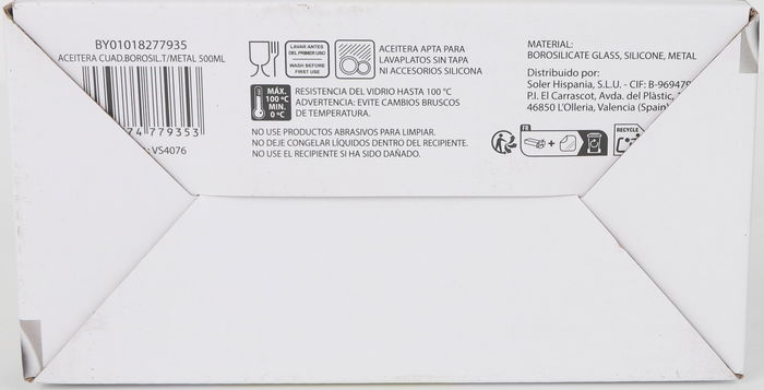 La Mediterranea Aceitera Cuadrada Borosilicato con Tapa de Metal 500 ml (12 Unidades)