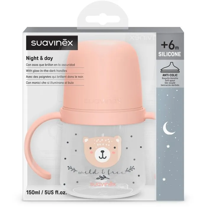 Suavinex Biberón con Asa Night&Day Wild&Free, 150 ml, A partir de 6 meses, Rosa - AACJO61686