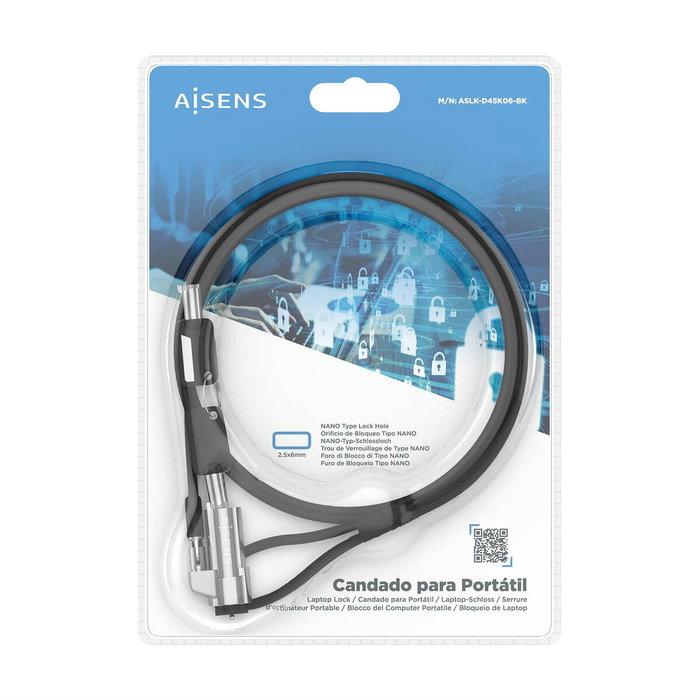 Aisens Cable de Seguridad Nano ASLK-D45K06-BK con Llave, 1.5m, Negro