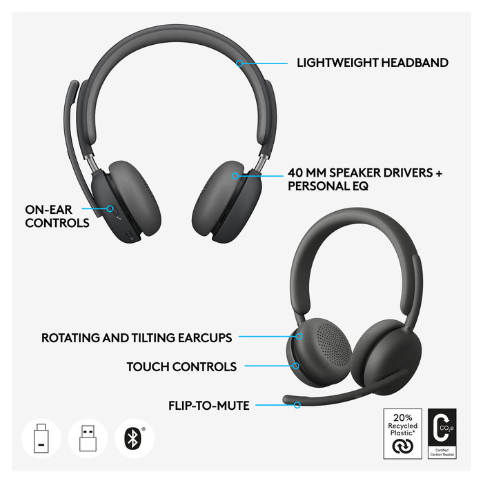 Logitech Headset Zone Wireless 2 UC - Auriculares Inalámbricos 2.4GHz/BT para Oficina, Graphite, Ref. 914-000002 / A00174 / A00172