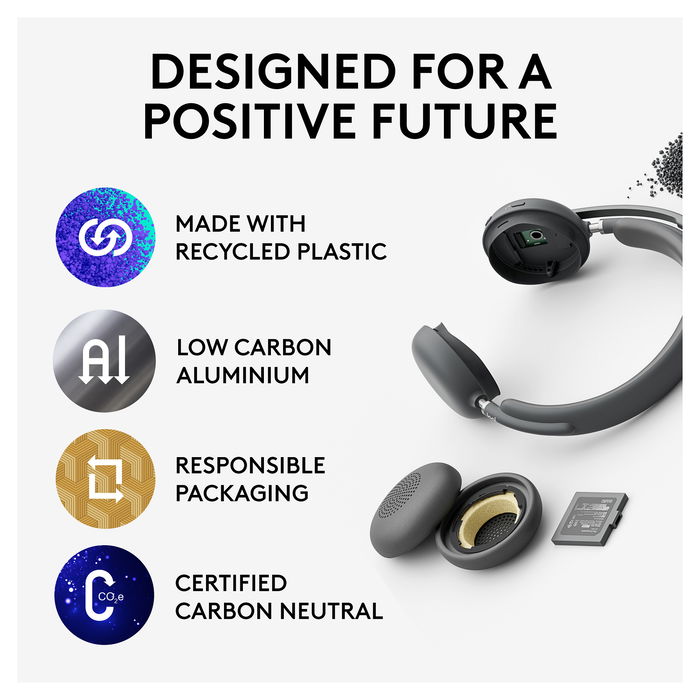 Logitech Headset Zone Wireless 2 UC - Auriculares Inalámbricos 2.4GHz/BT para Oficina, Graphite, Ref. 914-000002 / A00174 / A00172