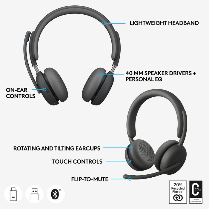 Logitech Zone Wireless 2 Auriculares Inalámbricos con Cancelación de Ruido Híbrida y Micrófono para Videollamadas y Negocios