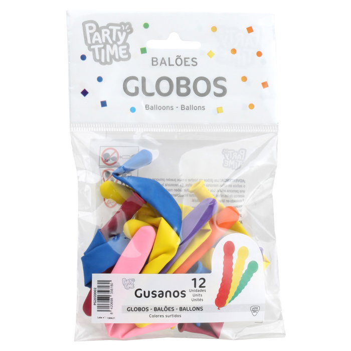Party Time - 12 Globos de Látex con Forma de Gusano para Fiestas, Colores Surtidos