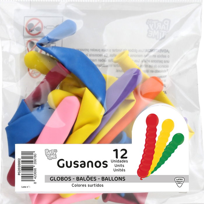Party Time - 12 Globos de Látex con Forma de Gusano para Fiestas, Colores Surtidos
