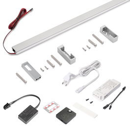Emuca Kit de barra para armario Luxe, tira LED 4,5x8 Neonlynx V, sensor de movimiento RF Smart y convertidor Smart (24V DC), longitud 1.150mm, Luz blanca cálida 2.700K, Plástico y Aluminio, Anodizado mate