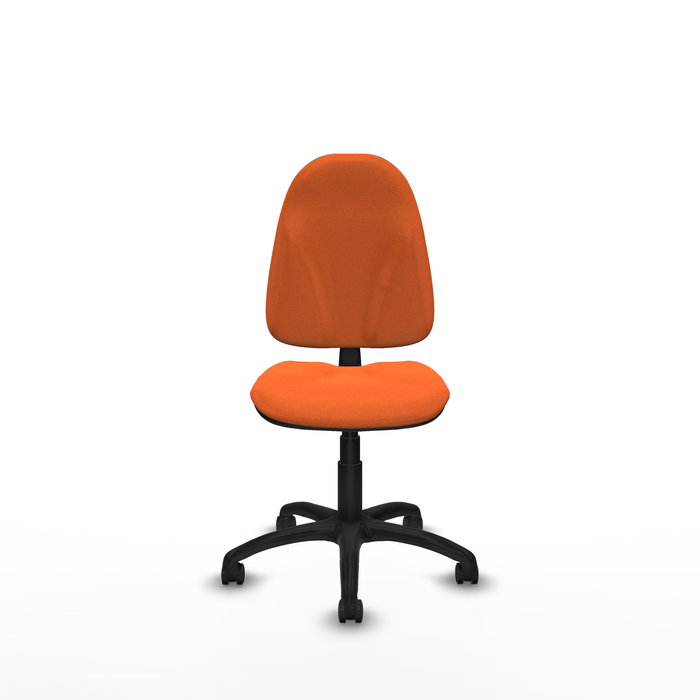 Silla de oficina Algarra con mecanismo Contacto permanente básico tapizada con Tela color Naranja. Equipada con Base poliamida negra, Sin brazos y Ruedas autofrenantes