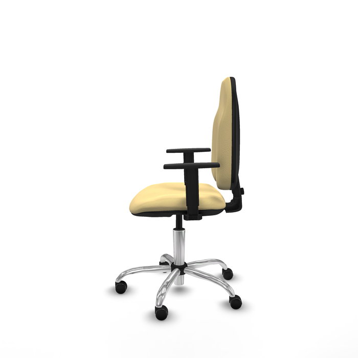 Silla de oficina Algarra con mecanismo Contacto permanente básico tapizada con Similpiel color Crema. Equipada con Base cromada, Brazos 1D y Ruedas autofrenantes