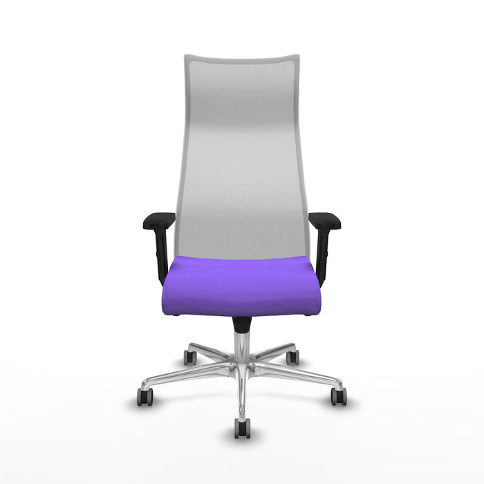 Sillón Albacete con mecanismo Sincro tapizada con Tela color Lila y malla color Blanco. Equipado con Base aluminio, Brazos 2D y Ruedas 65 mm parqué Sillón Albacete con mecanismo Sincro tapizada con Tela color Lila y malla color Blanco. Equipado con Base aluminio, Brazos 2D y Ruedas 65 mm parqué