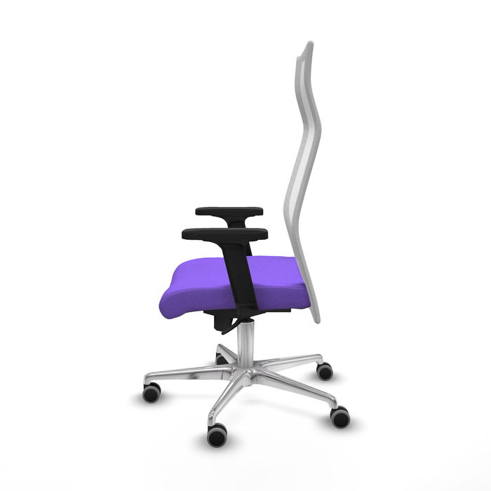 Sillón Albacete con mecanismo Sincro tapizada con Tela color Lila y malla color Blanco. Equipado con Base aluminio, Brazos 2D y Ruedas 65 mm parqué Sillón Albacete con mecanismo Sincro tapizada con Tela color Lila y malla color Blanco. Equipado con Base aluminio, Brazos 2D y Ruedas 65 mm parqué