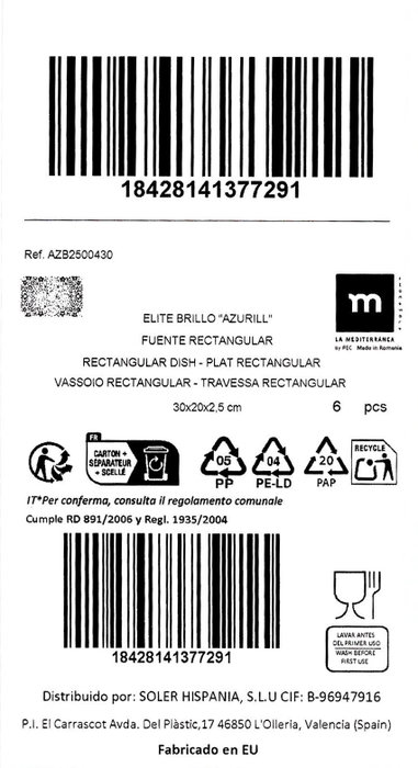 La Mediterranea Fuente Rectangular Azurill Elite Brillo 30x20cm