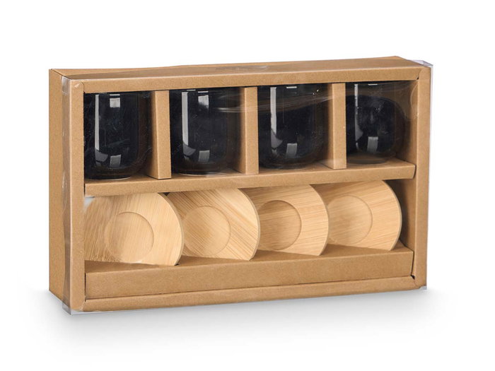 Kinvara - Set de 4 Tazas de Café de Cerámica Negra con Posavasos de Bambú, Incluye 4 Tazas (95 ml) y 4 Posavasos, Dimensiones 28.5 x 17.8 x 6.5 cm (Set de 12)