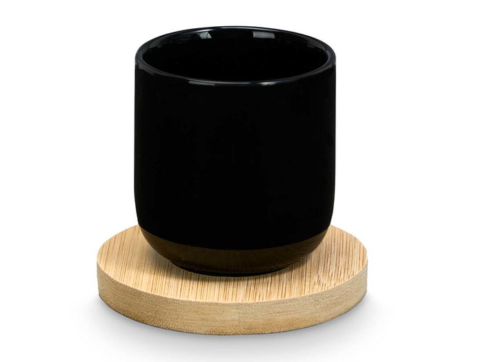 Kinvara - Set de 4 Tazas de Café de Cerámica Negra con Posavasos de Bambú, Incluye 4 Tazas (95 ml) y 4 Posavasos, Dimensiones 28.5 x 17.8 x 6.5 cm (Set de 12)
