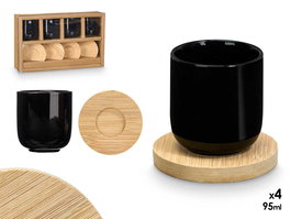 Kinvara - Set de 4 Tazas de Café de Cerámica Negra con Posavasos de Bambú, Incluye 4 Tazas (95 ml) y 4 Posavasos, Dimensiones 28.5 x 17.8 x 6.5 cm (Set de 12)
