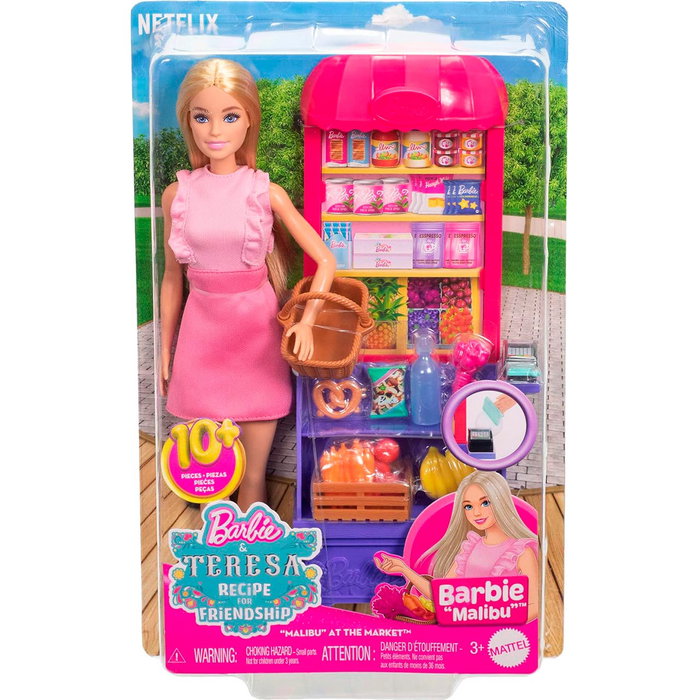 Barbie Muñeca Barbie Malibu En El Mercado JCT05 Mattel con Puesto de Comestibles y 11 Accesorios
