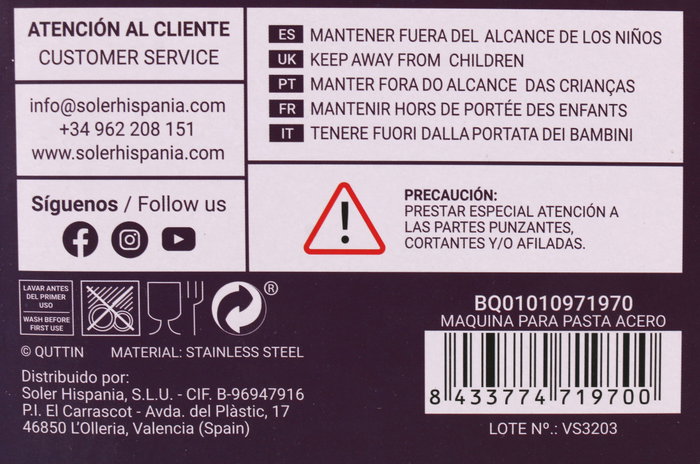 Quttin Máquina para Pasta de Acero Inoxidable, Pack de 6 Unidades