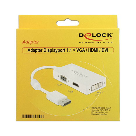 DeLOCK Adaptador DisplayPort a VGA, HDMI y DVI, Blanco DeLOCK Adaptador DisplayPort a VGA, HDMI y DVI, Blanco