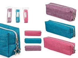 Pincello Estuche Pequeño Tela Saco Surtidos 20 cm x 4 cm x 6 cm (Verde, Rosa, Morado) (Set de 24)