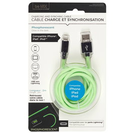 Be Mix Cable USB Fluorescente para iPhone/iPad con Lightning, Carga Rápida 2A, Longitud 2 Metros