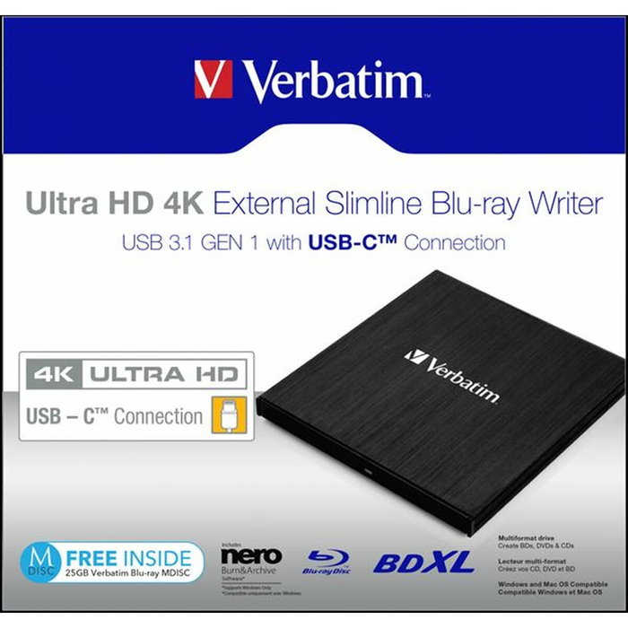 Verbatim Grabador Slimline Blu-ray Externo USB-C Ultra HD 4K