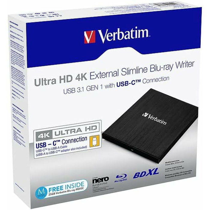 Verbatim Grabador Slimline Blu-ray Externo USB-C Ultra HD 4K