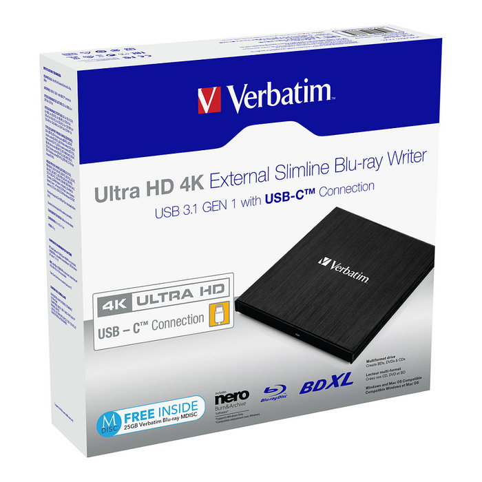 Verbatim 43888 Slimline Blu-ray Writer USB-C Ultra HD 4K Verbatim 43888 Slimline Blu-ray Writer USB-C Ultra HD 4K