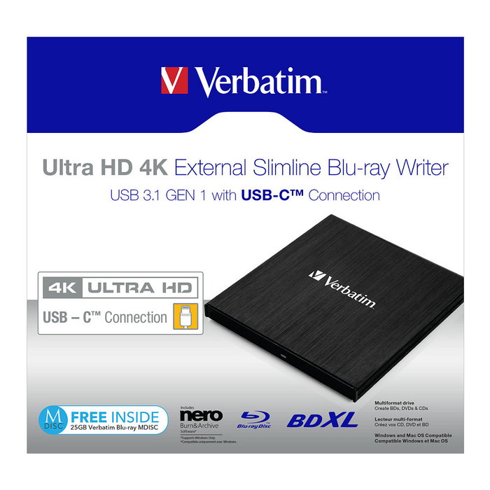 Verbatim 43888 Slimline Blu-ray Writer USB-C Ultra HD 4K Verbatim 43888 Slimline Blu-ray Writer USB-C Ultra HD 4K