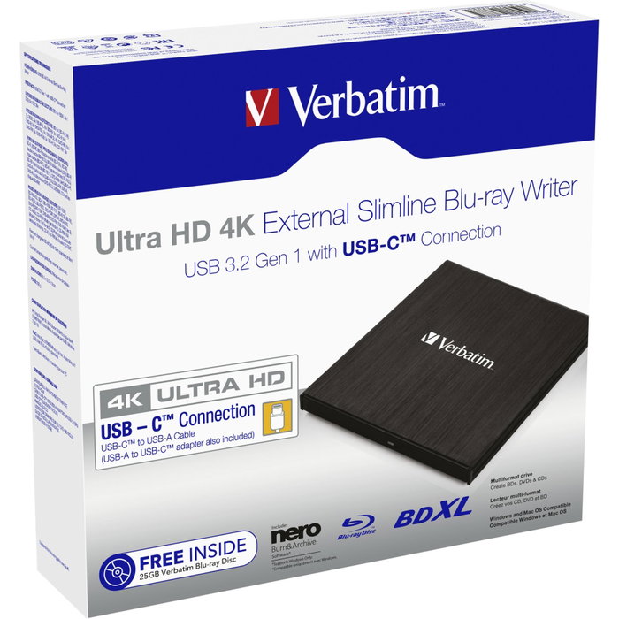 Verbatim 43888 Slimline Blu-ray Writer USB-C Ultra HD 4K Verbatim 43888 Slimline Blu-ray Writer USB-C Ultra HD 4K