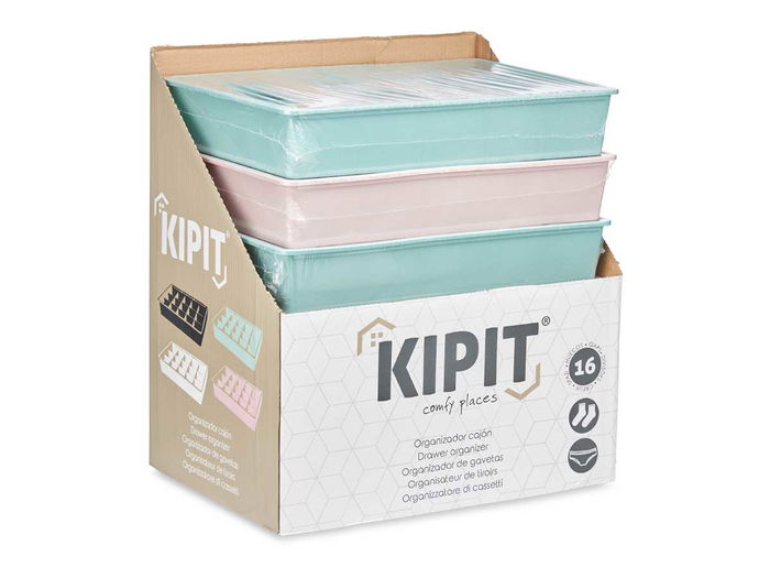 Kipit Organizador de Cajón con 15 Huecos Surtidos, Rosa y Verde, Plástico, 33 x 49 x 9 cm (Set de 6)