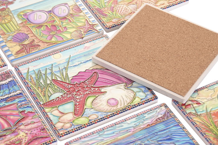 DKD Home Decor Posavasos Mediterraneo Multicolor Dolomita Corcho 72 Unidades 10.8 x 10.8 x 0.7 cm