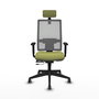 Silla de oficina Horna con mecanismo Sincro/Traslack tapizada con Tela color Verde oliva y malla color Gris. Equipada con lumbar 1D, Brazos 1D, Cabecero 2D y Ruedas 65 mm parqué