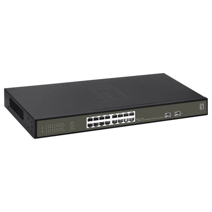 LevelOne Switch Gestionado GES-2118P, 16 Puertos Gigabit PoE+ (30W por Puerto), 2 Ranuras SFP, Montaje Rack 19", 230W Presupuesto, L2